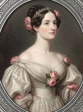 Oval portrait of a young woman in an ivory off-the-shoulder gown, pink roses in her dark hair and at her bodice, painted in a 19th-century style.